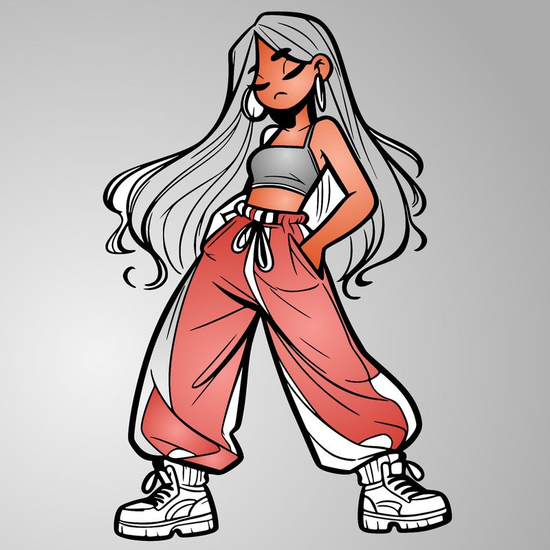 girl in baggy pants crop top and long hair