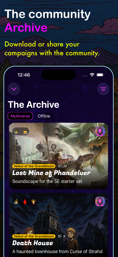 Summoning Stone app community archive featuring TTRPG campaign soundscapes for Dungeons and Dragons
