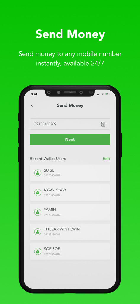 MoMoney - Wallet - MoMoney app interface showing the send money feature to mobile numbers with a list of recent contacts