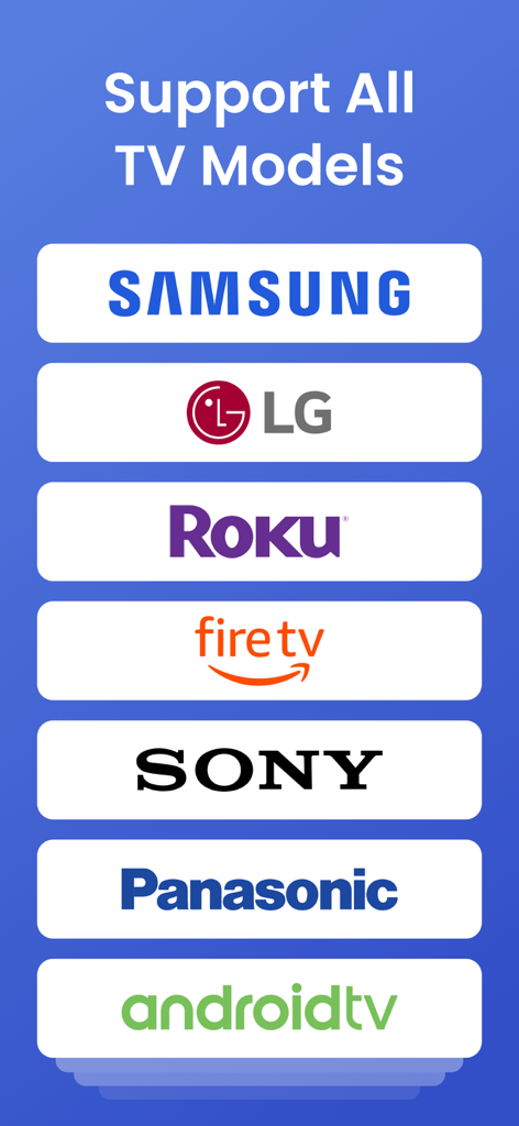Screen Mirroring・Smart TV Cast - List of supported smart TV brands for screen mirroring including Samsung LG Roku Fire TV Sony Panasonic and Android TV