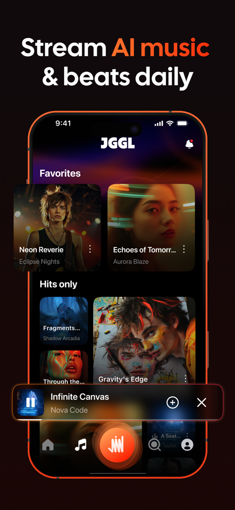 JGGL: AI Generated Images - JGGL mobile app interface showcasing AI generated music and daily beats