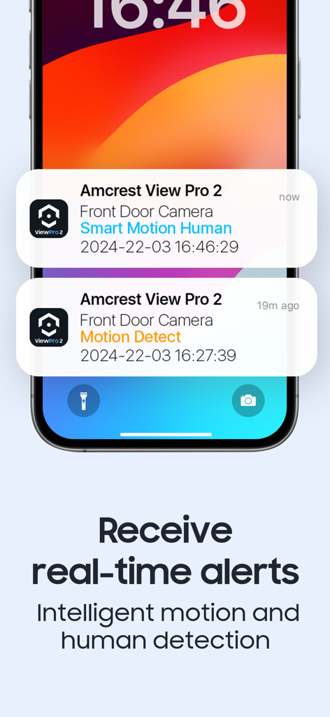 Amcrest View Pro 2 - Amcrest View Pro 2 mobile app showing real-time motion and human detection alerts on an iPhone lock screen