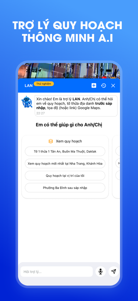 AI assistant interface in the Thongtin.land app for Vietnamese real estate planning and coordinates