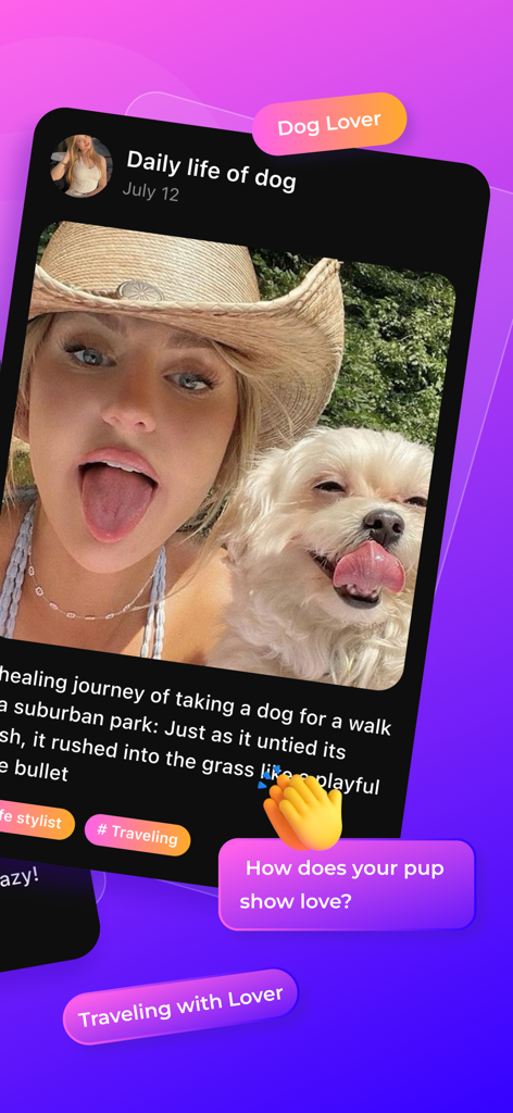 Purify - Meet Friends & Vibe - Purify app interface featuring a social post of a dog owner and her pet