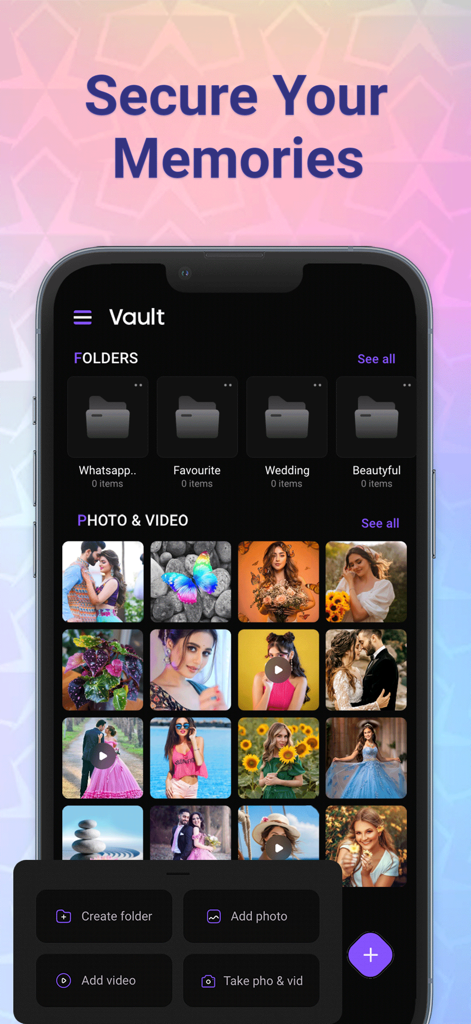 MX Video Player-App Vault-Bildschirm, der sichere Foto- und Videordner anzeigt