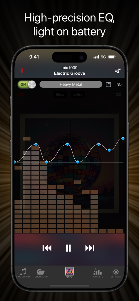Equalizer Pro + - Equalizer Pro plus app interface showing a custom drawn EQ curve and music player controls in dark mode