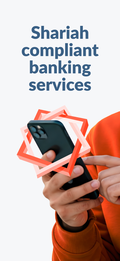 A person holding a smartphone with text that reads Shariah compliant banking services