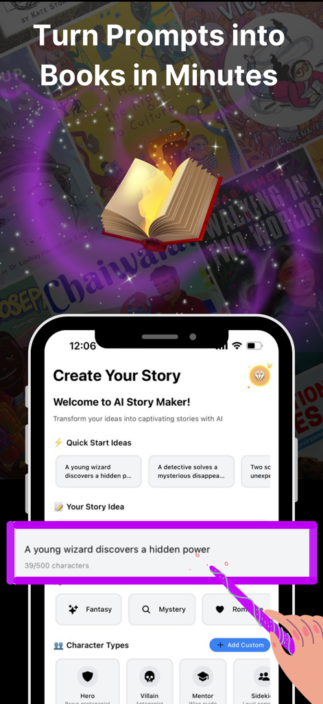 AI Storyteller: Book Creator - Mobile app interface for creating an AI book from a story prompt