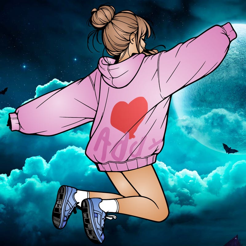 realistic girl jumping with a bun and oversized sweatshirt