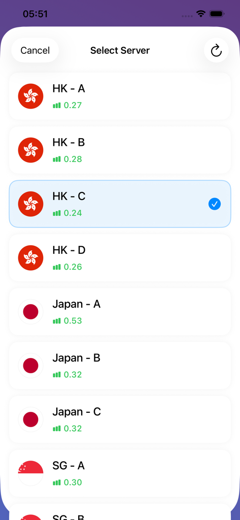 Day8 VPN server selection screen showing available nodes in Hong Kong Japan and Singapore