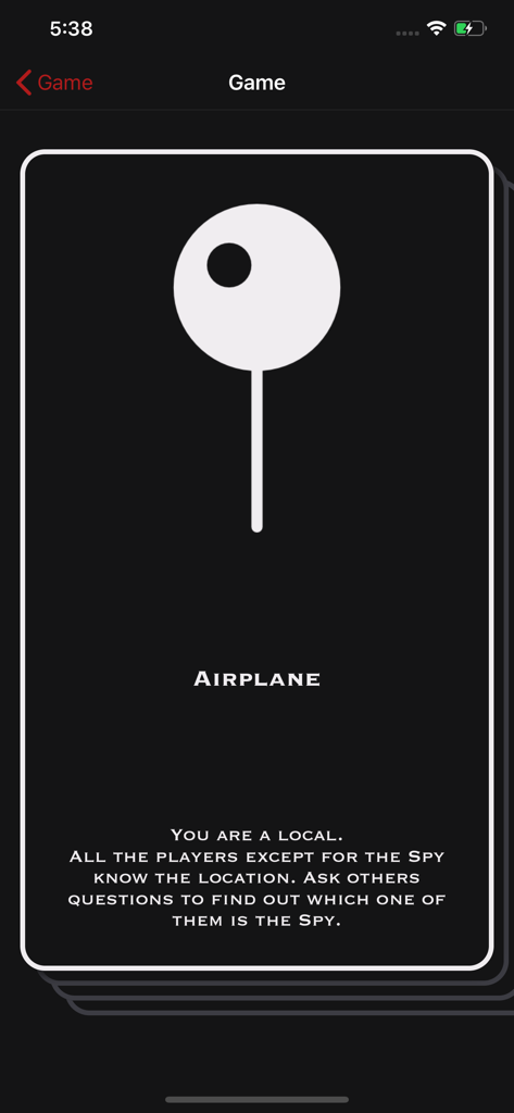 Spy - Une carte de jeu dans l'application Spy montrant le lieu de l'avion et les instructions pour un joueur local.