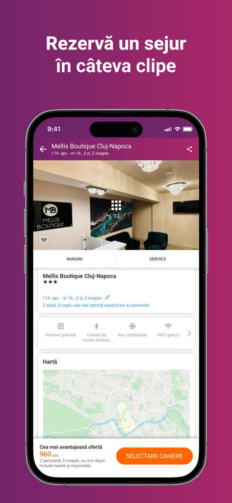 Pantalla de la aplicación Travelminit que muestra una reserva de hotel para Mellis Boutique en Cluj Napoca, Rumanía.