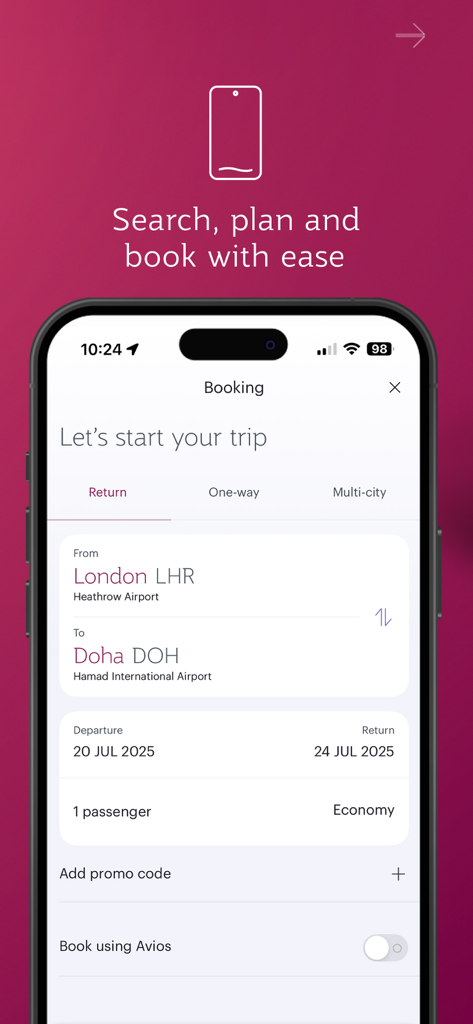 Interface de l'application mobile de Qatar Airways affichant l'écran de recherche et de réservation d'un vol aller-retour Londres-Doha.