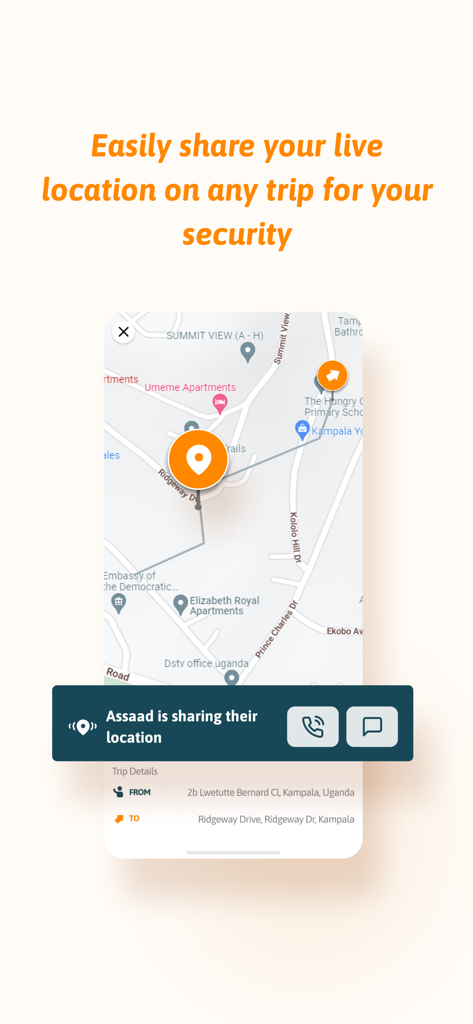 Screenshot dell'app SafeBoda che mostra la condivisione della posizione della corsa in tempo reale per la sicurezza