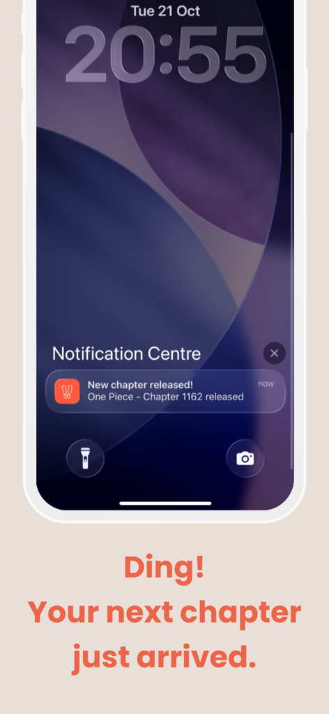 MangaTime - Manga Tracker - MangaTime app push notification for a new One Piece manga chapter release on an iPhone lock screen.