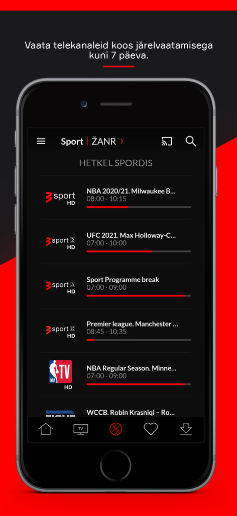Go3 Eesti - Go3 Eesti app interface showing a list of live sports events and channels including NBA and Premier League