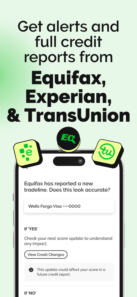 Kikoff – Build Credit Quickly - App Kikoff che mostra avvisi e report di credito da Equifax Experian e TransUnion