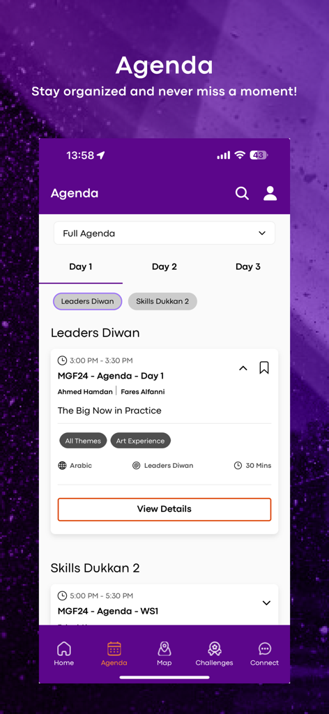 Schermata dell'agenda dell'app Misk Events che mostra i dettagli delle sessioni e l'orario giornaliero