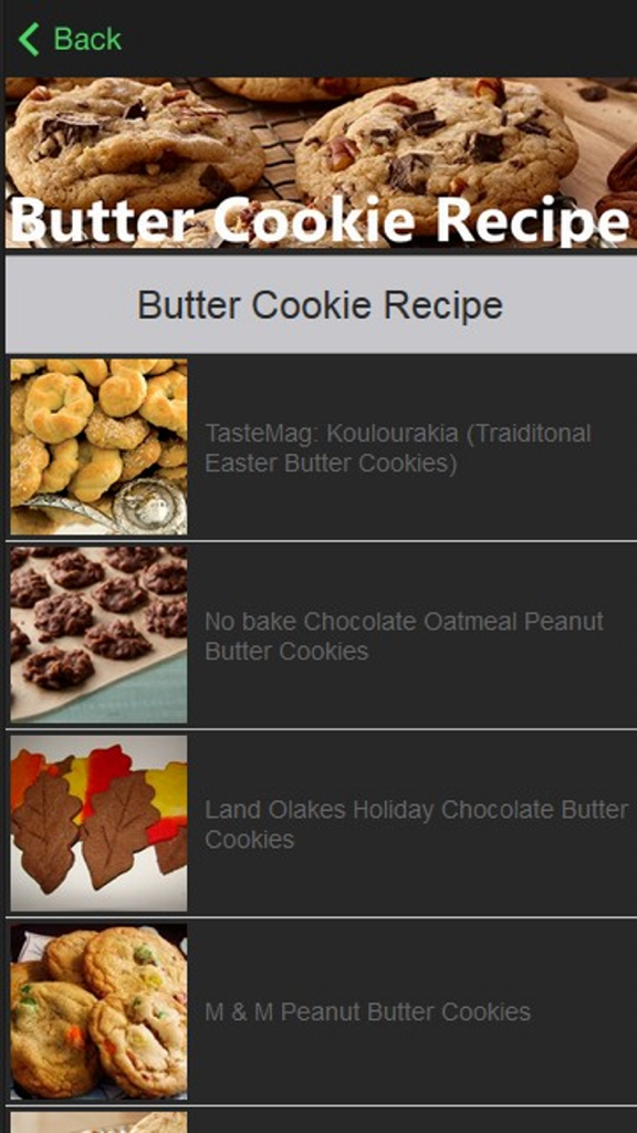 Butter Cookie Recipe - 모바일 앱 인터페이스에 다양한 버터 쿠키 레시피 목록과 이미지가 표시됨