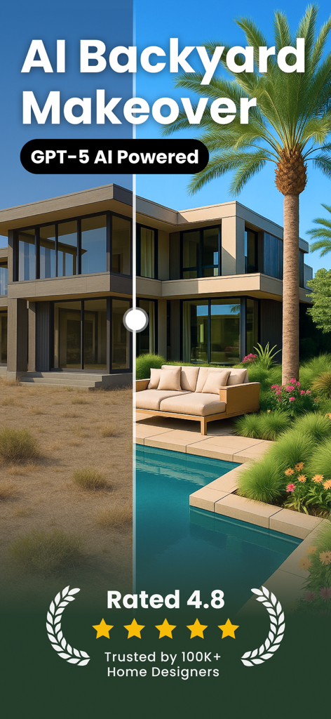 Before and after comparison of a backyard transformation using AI, showing a new swimming pool and modern landscaping.
