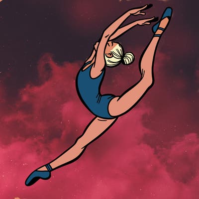gymnast doing a leap in a leotard with a bent back leg