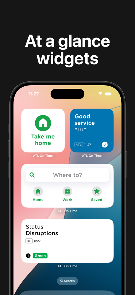 iPhone home screen showing iOS widgets for the Atlanta Transit MARTA app with service status and quick navigation shortcuts