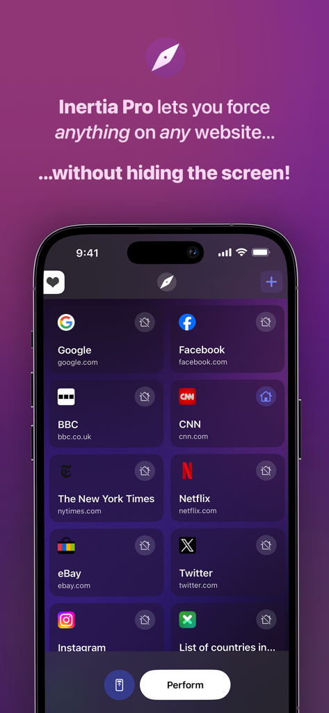 Inertia Pro - Inertia Pro magic app screen showing a menu of popular websites used for performing digital mentalism tricks