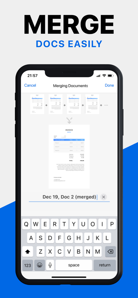 Smartphone interface showing how to merge multiple scanned pages into one PDF document