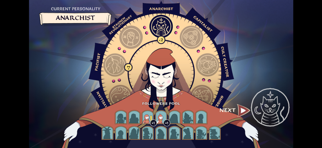 Becoming Saint - Interface of the Becoming Saint game showing the character personality wheel set to Anarchist and the followers pool.