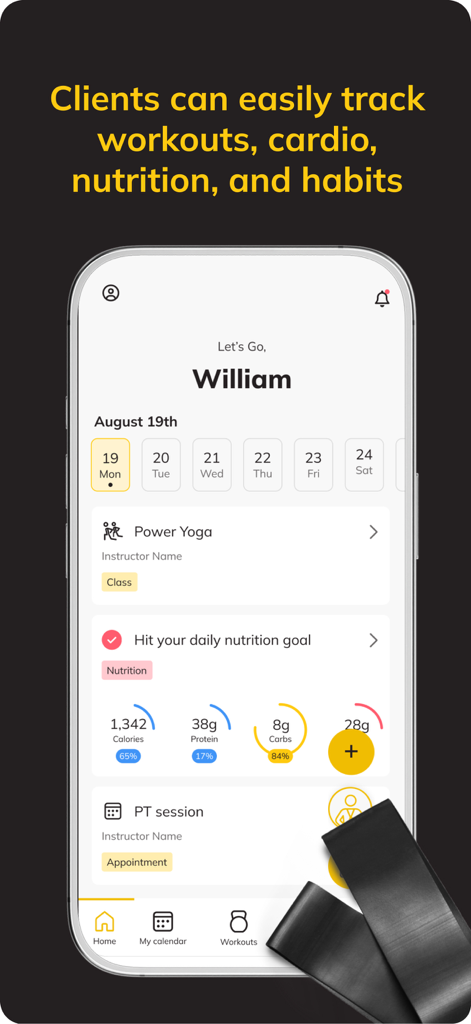 ABC Trainerize app interface displaying a daily schedule with yoga sessions and nutrition macro tracking.