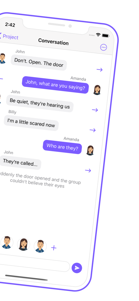 TypeStory - Mobile app interface of TypeStory showing a fictional chat conversation between characters John Amanda and Billy