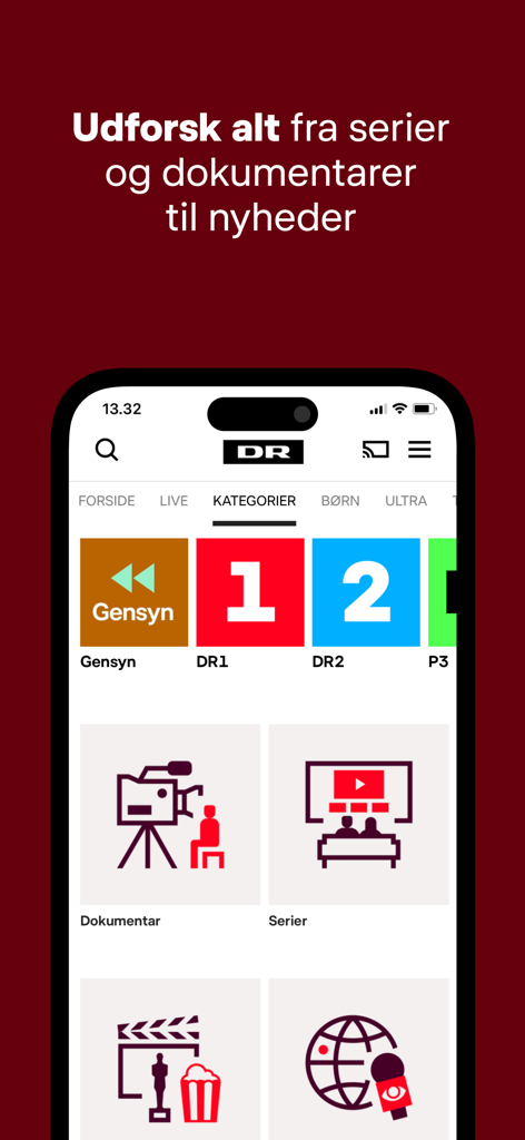 DRTV - iPhone screen displaying the categories menu of the DRTV app with icons for Danish TV channels and series