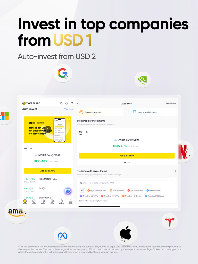 Tiger Trade - One stop trading - Tiger Trade app interface on an iPad showing auto-investment plans for popular stocks starting at one dollar.