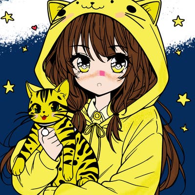 anime girl holding a bengal cat wearing a cat hoodie