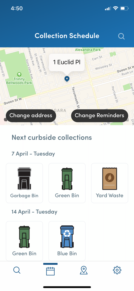 TOwaste – City of Toronto - TOwaste app displaying the garbage and recycling collection schedule for a specific address in Toronto.