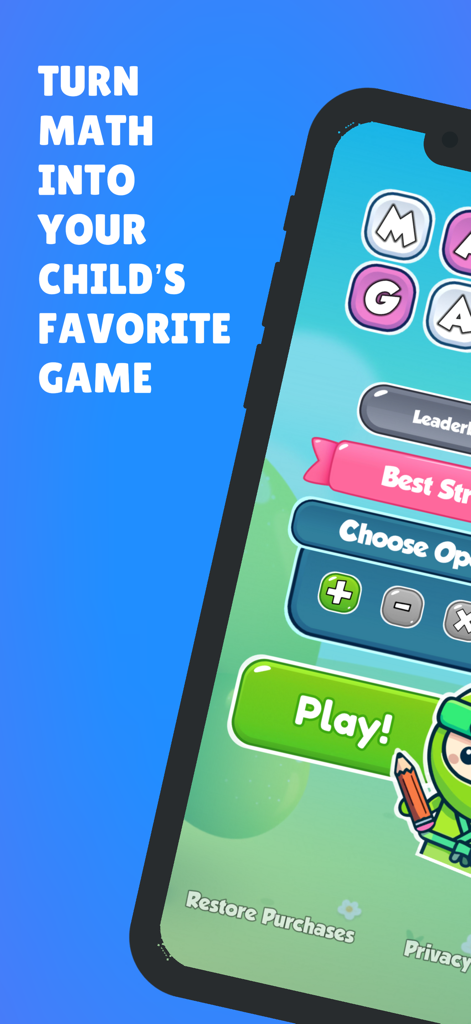 Startbildschirm der Math Ninja Dojo App mit einer Ninja-Figur und Optionen für Kinder, Mathespiele zu spielen