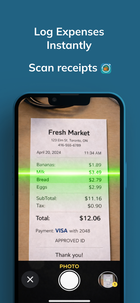 YBUD: Your Budget Planner - A smartphone interface scanning a grocery receipt to instantly log expenses in the YBUD budget planner app.