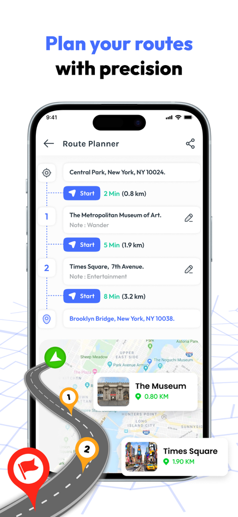 FieldCalc - GPS Area Measure - Interfaz de la aplicación FieldCalc para planificar rutas con múltiples marcadores de mapa y cálculos de distancia