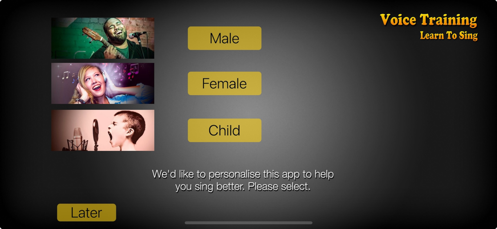 Voice Training - Learn to Sing - Vocal range selection screen in the Voice Training app with options for male female and child singers
