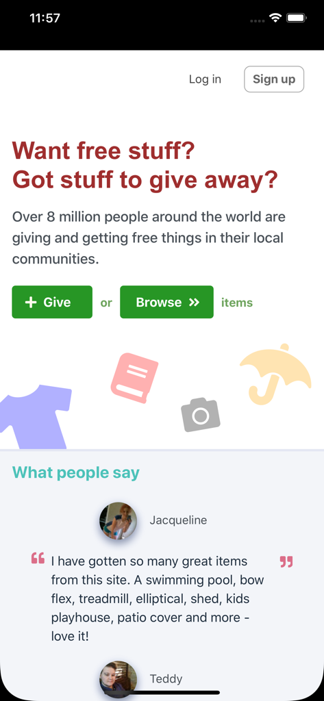 Trash Nothing + Freecycle - Trash Nothing app home screen showing buttons to give or browse free items and a user testimonial.