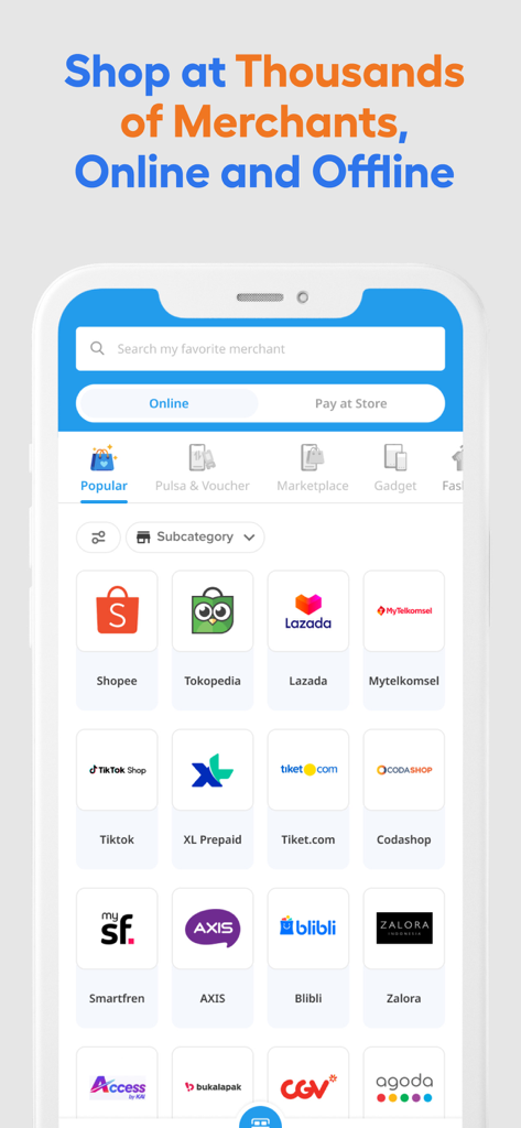 Mobile app screen showing a list of thousands of online and offline merchants compatible with Kredivo