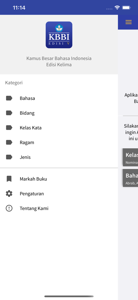 Kamus Besar Bahasa Indonesia - Navigation sidebar of the KBBI Indonesian dictionary app showing categories like language field and parts of speech