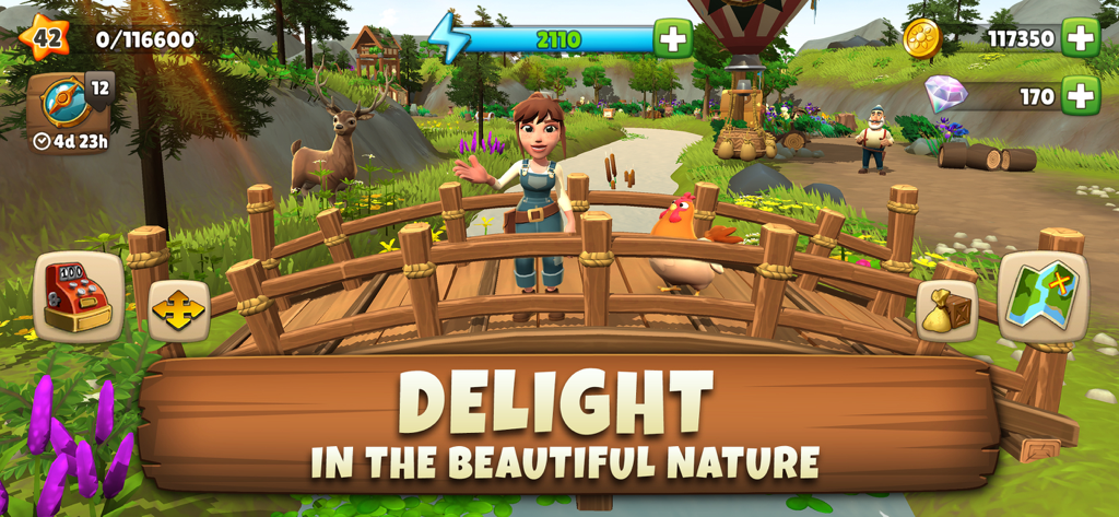 Sunrise Village Adventure Game - Ein Charakter steht auf einer Holzbrücke in einer üppig grünen Landschaft in Sunrise Village.