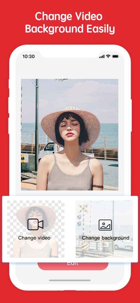 Erase&Change Video Background - Interfaz de aplicación móvil que muestra opciones para cambiar el video o el fondo de una mujer que usa un sombrero para el sol