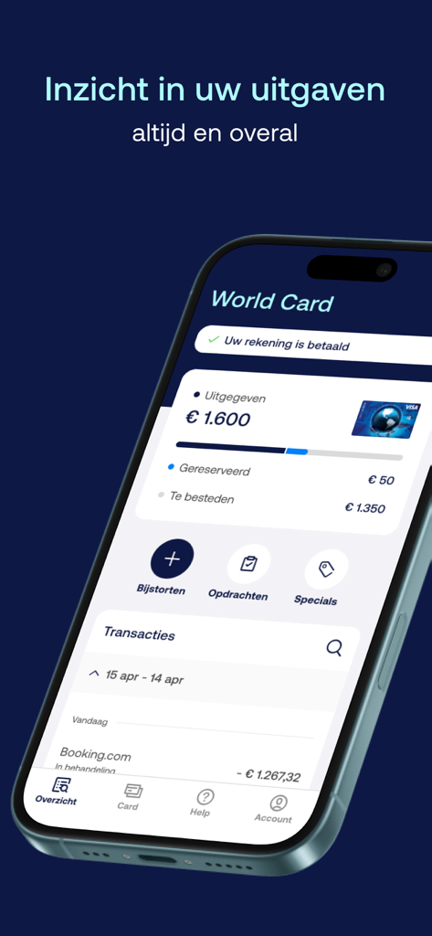 Interfaz de la aplicación móvil ICS Creditcard que muestra límites de gasto en tiempo real y el historial de transacciones