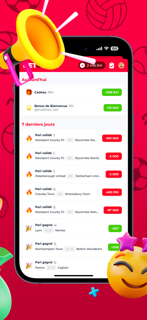 BET4FREE mobile app interface showing a list of recent sports predictions and coin rewards.