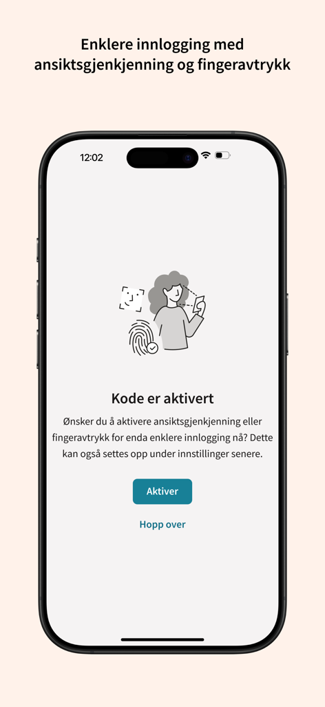Helsenorge - Screen of the Helsenorge app offering facial recognition and fingerprint login activation