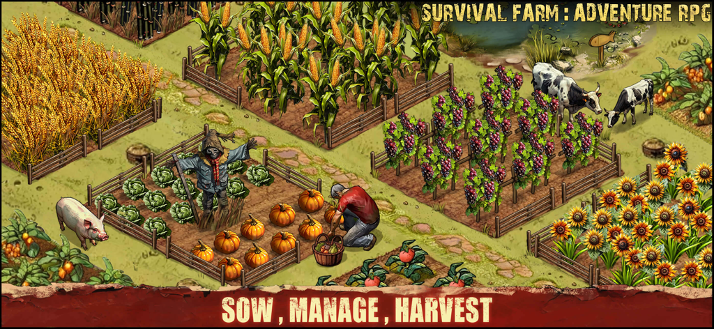 Vista isométrica de un personaje cosechando cultivos y gestionando una granja en Survival Farm Adventure RPG.