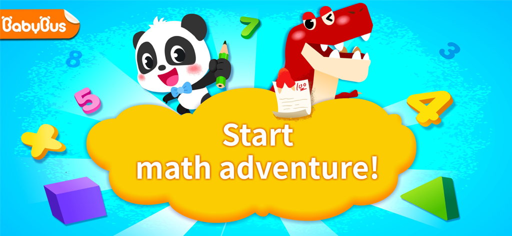 Baby Panda and a red dinosaur on a bright blue background with the text Start Math Adventure surrounded by colorful numbers and shapes