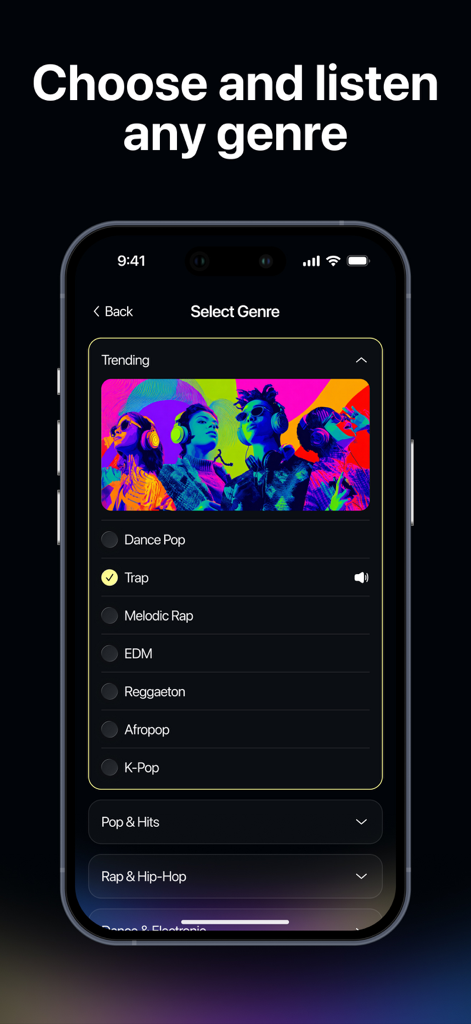 Soundraw: AI Song Music Maker - Interface of Soundraw app showing a list of music genres like Trap, EDM, and K-Pop to choose from for AI music generation.